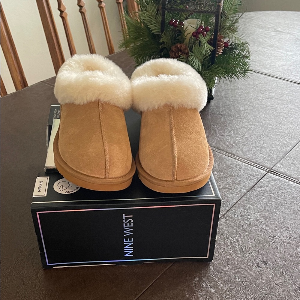 Nine West Camel Suede Slippers with Cream Fur